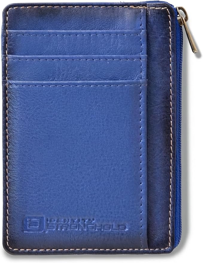 ID STRONGHOLD RFID Front Pocket Wallet Mini Minimalist Wallet Slim Wallet Genuine Leather with Zipper , Royal Blue , Small by IDStronghold