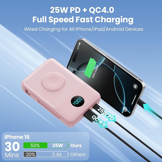 Magnetic Portable Charger 10800mAh with Built-in Cables,Wireless Power Bank for Magsafe,25W PD Fast Charging USB-C Travel Essentials Battery Pack for iPhone 17/16/15/14/13/12 Series,Apple Watch-Pink - Image 4