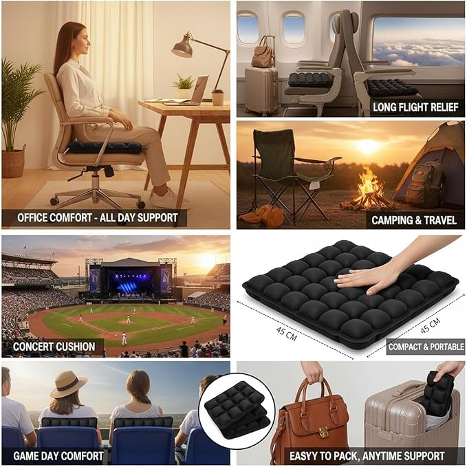 Sondor Travel Cushion, Comfortable 3D Inflatable Seat Cushion for Hemorrhoid and Tailbone Pain Relief, Optimal Support for Long Sitting in Car, Air Travel, Office Chairs Etc (36-Grey Point Cushion) - Image 7