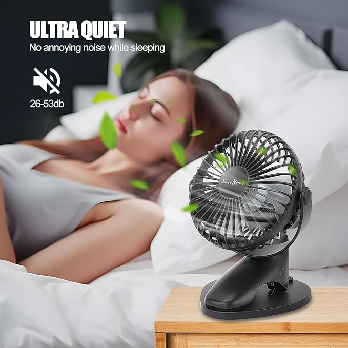 Portable Clip Fan Battery Operated,3 Speeds USB Rechargeable Mini Table Fan with Strong Airflow,360°Rotation Ultra Quiet Personal Desk Fan for Home Office Bedroom Dorm Stroller Camping(Black) - Image 5