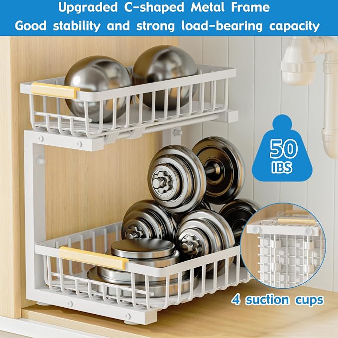 2Pcs Under Sink Organizer, Adjustable Under Sink Organizers and Storage, 2-Tier Pull Out Under Kitchen Sink Organizer, Sliding Out Metal Under Bathroom Sink Organizer for Kitchen Pantry White - Image 5