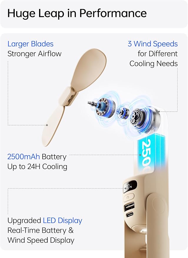 JISULIFE Portable Handheld Fan, 3 In 1-Fan, Power Bank, Flashlight, Brown | Mini Cooling Essential for Outdoor, Small, On-the-Go Pocket Hand Design, 24 Hours, Auto Shut-Off Safety Soft Blade - Image 2