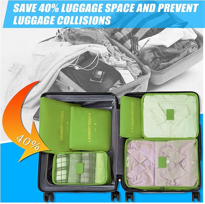 6 Set Packing Cubes for Travel Luggage Organizer Bags Reusable washable Suitcase Packing Cubes Set Travel Accessories Essentials (Green) - Image 6