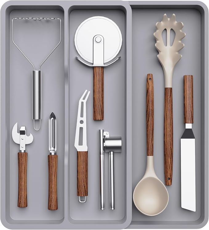 Lifewit Utensil Organizer for Kitchen Drawer, Expandable Cooking Tray | Adjustable Cutlery Flatware Holder, Plastic Silverware Spatula Tools Storage Divider, 8.9-14.4 x 15.8", Gray by Lifewit