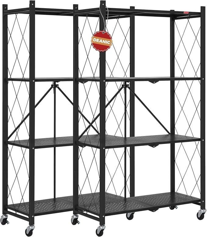 DEANIC 4 Tier Foldable Storage Shelves with Wheels, Large Capacity Shelving Unit, Freestanding Metal Wire Shelf Rack, No Assembly Organizer Rack for Garage Kitchen, Basement, Pantry(Black Pack of 2) by ShowNow