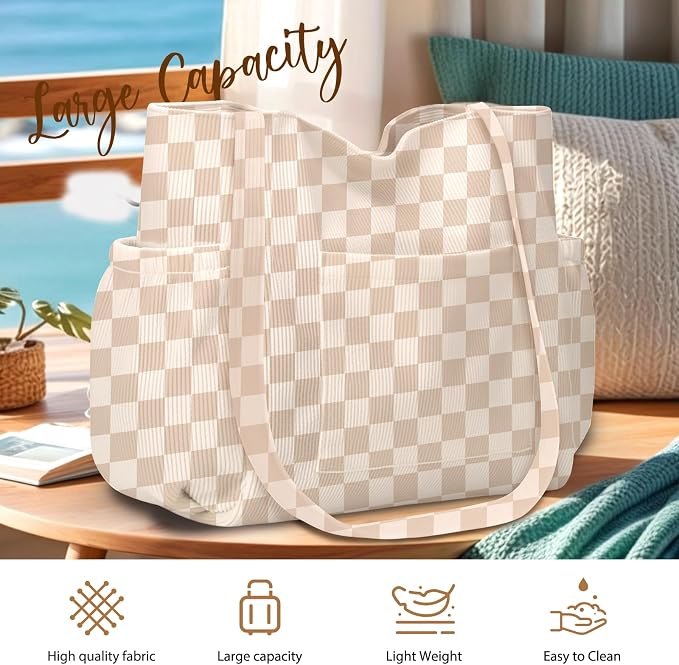 Corduroy Tote Bag for Women,Large Capacity Cute Tote Bags With 6 Pockets,Crossbody Shoulder Handbag for Work Travel Gym - Image 4