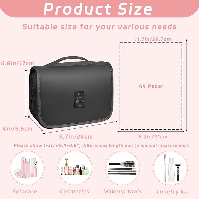 Toiletry Bag Travel Bag with Hanging Hook for Women Men,Black Pure | Waterproof Small Capacity Hanging Multifunctional Makeup Bag for Toiletries, Portable Cosmetic Bag Travel Organizer - Image 2