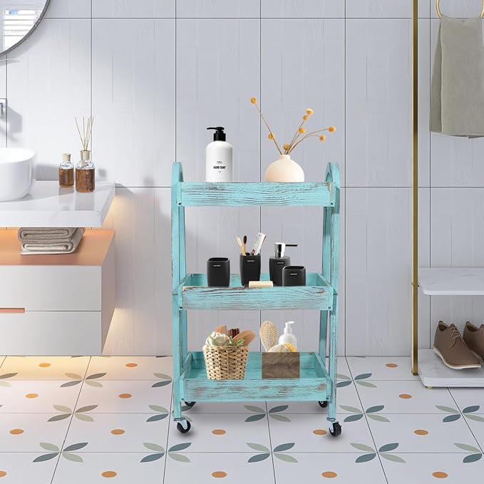 3-Tier Rolling Utility Cart with Lockable Wheels Storage Slim Storage Heavy Duty Cart Mobile Shelving Unit Craft Narrow Organizer for Bathroom Laundry Kitchen (Vintage Blue) - Image 5