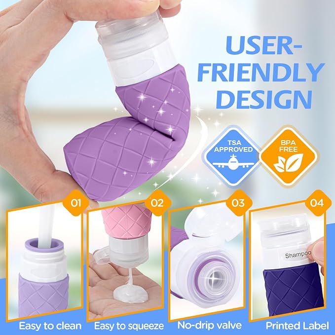 16 Pack Travel Bottles for Toiletries, TSA Approved Travel Size Toiletries Containers Set, BPA-Free Silicone Leak Proof Refillable Bottles Stackable Creams Jars Accessories Kit W/Clear Bag(Purple) - Image 4