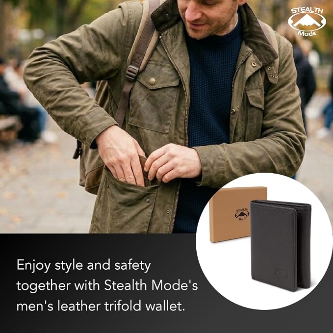 Stealth Mode Trifold Leather Wallet for Men with RFID Blocking | Black Pebble Top Grain Napa Leather, 9 Card Slots, ID Window, Gift Box – Gift for Dad, Husband, or Son - Image 6