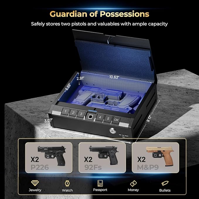 ONNAIS Iron PRO Biometric Fingerprint Gun Safe for Handgun with Keypad Lock | Emergency Power Supply and Interior Light Swift Entry Pistol Case for Home, Nightstand, Bedside, and Car, Gift - Image 5