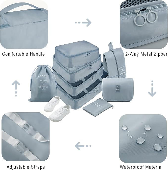 Packing Cubes, 8 Pcs Travel Packing Organizers for Suitcases, Large Capacity Travel Luggage Organizers Set includes 8 Storage Bags for Women or Men (Grey) - Image 6