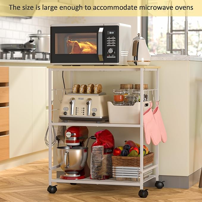 ThreeHio Rolling Kitchen Microwave Cart, 3 Tier Microwave Table Stand with Storage, Kitchen Utility Cart on Lockable Wheels, Small Coffee Station Shelf Rack Organizer for Living Room Office, Balcony - Image 5