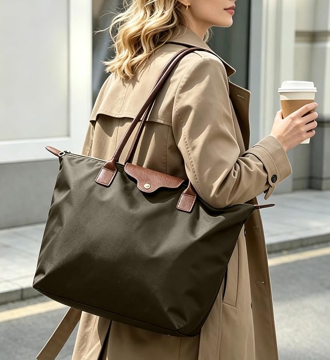 Nylon Tote Bag for Women, Lightweight Foldable Shoulder Tote with Zipper, Large Work Travel Bag for Everyday Use - Image 2