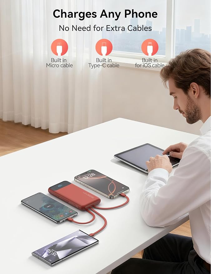 Nusyddy Portable Charger 10000mAh 22.5W w/4 Built-in Cables/6 Outputs Red | 22.5W Fast Charging, LED Display, Pass Through Charging, Charge 6 Devices at once, TSA Approved, Fits iPhone, iPad, Samsung - Image 7