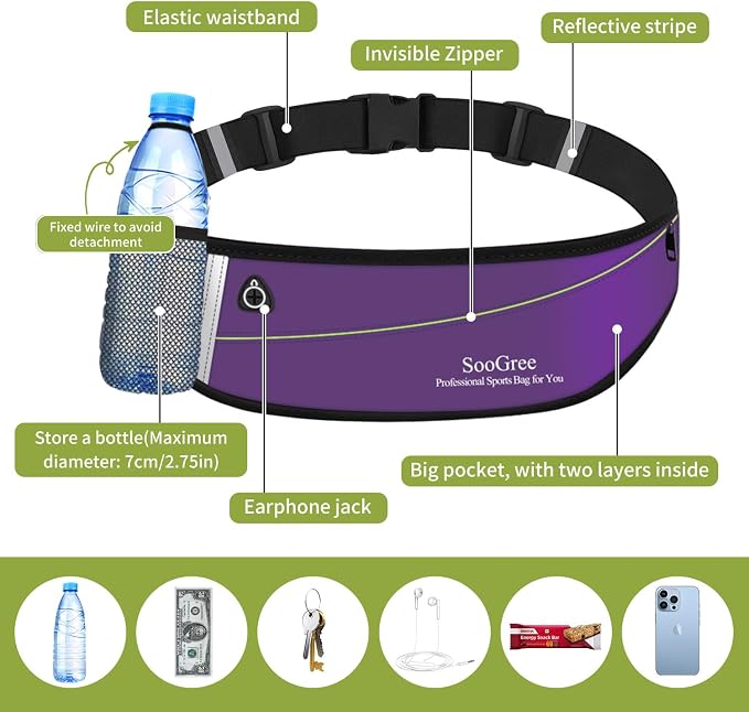 SooGree Slim Running Belt Fanny Packs for Women Men,Water Bottle Holder Hydration Fanny Pouch,Waterproof Sport Waist Pack with Reflective Strip,Runner Belt Bag for Running Cycling Camping Gym (Purple) - Image 5