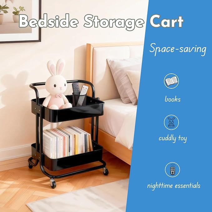 2 Tier Rolling Utility Cart with Wheels All-Metal Short Pantry Cart Under Desk Storage Trolley with Handle, Small Rolling Storage Shelf for Small Space Kitchen Laundry Room Bathroom, Black - Image 7