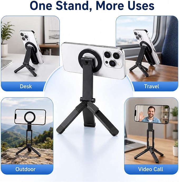 Phone Stand,360°Rotating Phone Tripod,Selfie Stick for iPhone,Phone Stand for Desk,Magnetic Phone Stand Foldable Cell Phone Stand Fits Gym, Travel Essentials Accessories(Black Aluminum Alloy) - Image 5