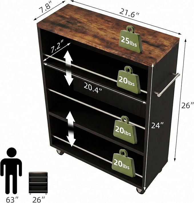 4-Tier Slim Rolling Cart with Wheels, 7.9"W Narrow Storage, Black & Brown | 4 adjustable MDF shelves (20 lbs each), 360° casters + side handle, Fits kitchen, laundry, bathroom & dorm tight gaps - Image 2