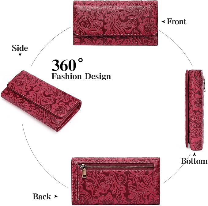 GOIACII Leather Wallets for Women RFID Blocking Western Clutch Red | Embossed Design, Trifold, Large Billfolds, Vintage Flower, Ladies Purses with Zipper Coin Pocket - Image 7