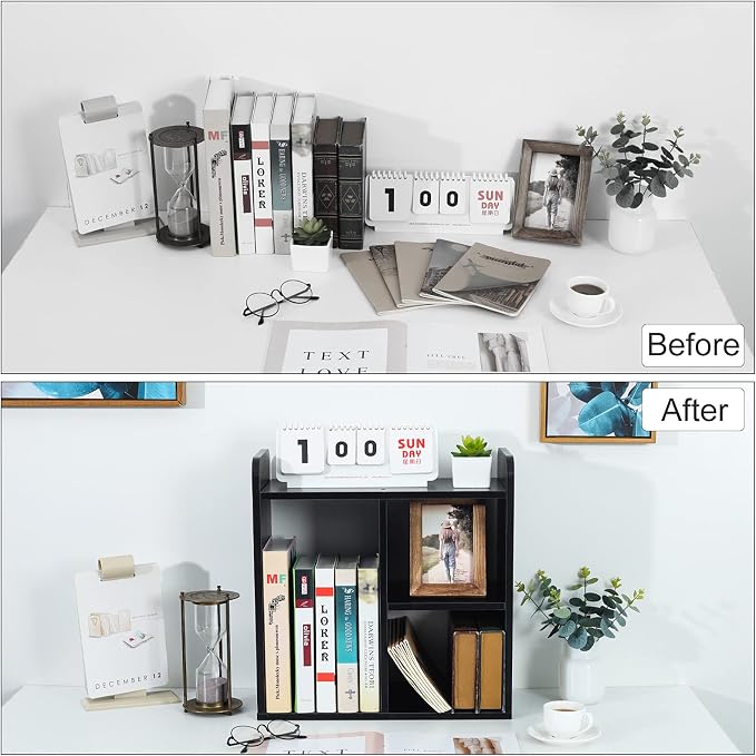 Desktop Shelf Freestanding Wood Small Bookshelf Desk Supplies Organizers and Accessories Storage Display Rack Office Decor for Women, Black - Image 5