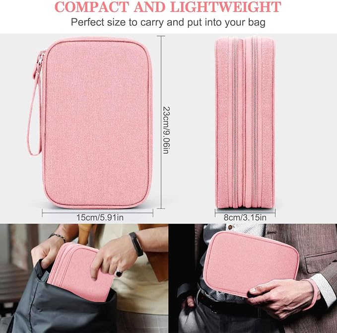 FYY Electronic Organizer, Travel Tech Pouch Bag, Large, Pink | Wrist Strap, Waterproof, Double Layers Portable Electronics Travel Carrying Case for Cord, Charger, Daily Business Trips Use - Image 2