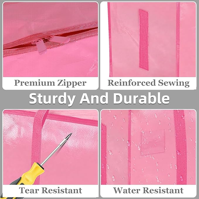 16 Pack-Extra Large Heavy Duty Moving Bags - Waterproof Storage Totes with Handles & Zippers, Foldable for College Dorm, Storage (Pink) - Image 4
