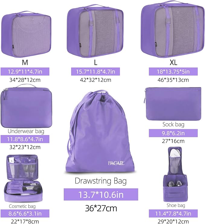 BAGAIL 8 Set Packing Cubes Luggage Packing Organizers for Travel Accessories-Light Purple - Image 2