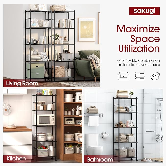 Sakugi Storage Shelves - 5 Tier Shelf Organizer, Heavy Duty Garage Shelving Unit with Leveling Feet, Stable Metal Shelves Organizer for Pantry, Kitchen and Closet, 18.4" W x 12.6" D x 57.4" H, Black - Image 6