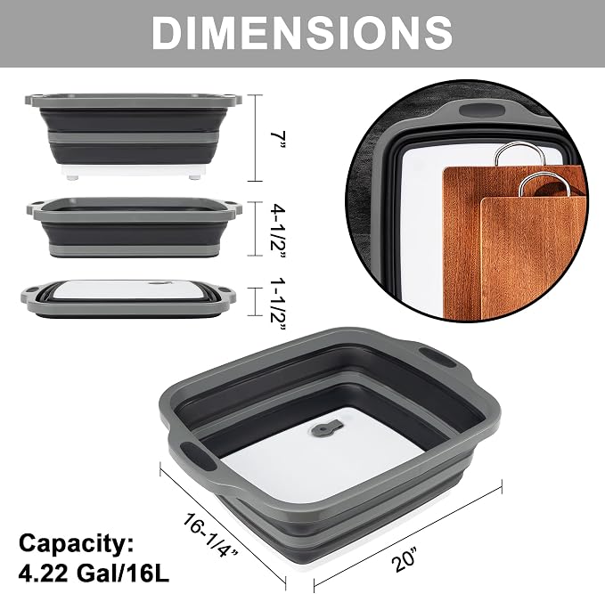 Tiawudi Large Collapsible BBQ Prep Tub with Lid(4.22 Gal/16L), Foldable Camping Sink with Colander, Cutting Board, Dish Basin for Kitchen, Bowl, Vegetable and Fruit, Storage Basket for Picnic - Image 2