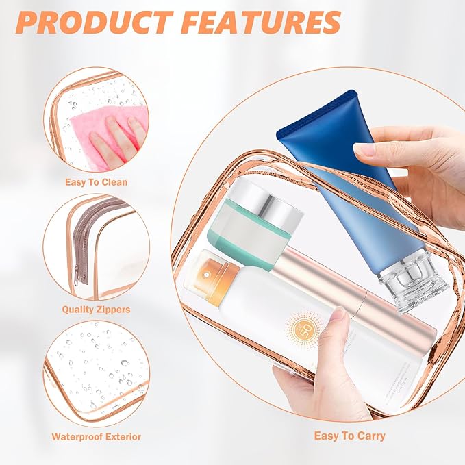 AURUZA 6 Pack Travel Toiletry Bag, Clear Makeup Bag, TSA Approved Cosmetic Bag with Zipper, Clear Organizer Carry on Bag for Women, PVC Cosmetic Pouch (Rose Pink, 6 Packs) - Image 3