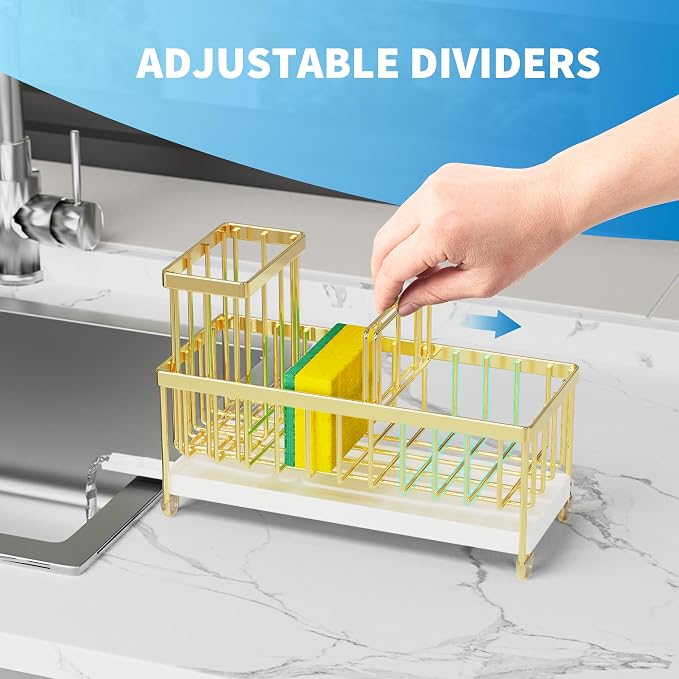 Cisily Sponge Holder for Kitchen Sink, Sink Caddy Organizer with High Brush Holder, Kitchen Countertop Organizers and Storage Essentials, Rustproof 304 Stainless Steel (Gold, 9.25″) - Image 4