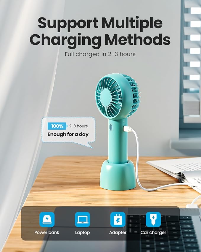 Gaiatop Mini Portable Fan, Small and Powerful, Cute Design 3 Speed Personal Handheld fan and Desktop with Base, Lightweight USB Rechargeable for Travel Lash Makeup Girl Women Summer Gift Green | Powerful 3 Speed with Desktop Base, Lightweight, Battery ... - Image 6