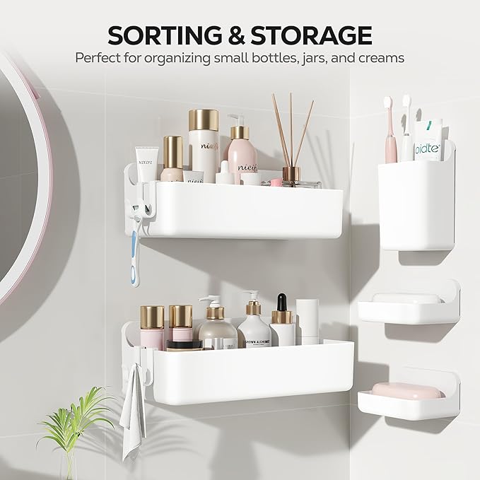 Nieifi Adhesive Shower Shelves, White, 5 Pieces | Rustproof ABS, Large Capacity, Removable Design, Easy-Clean, No Drilling Shower Organizer for Bathroom Storage & Home Decor - Image 3