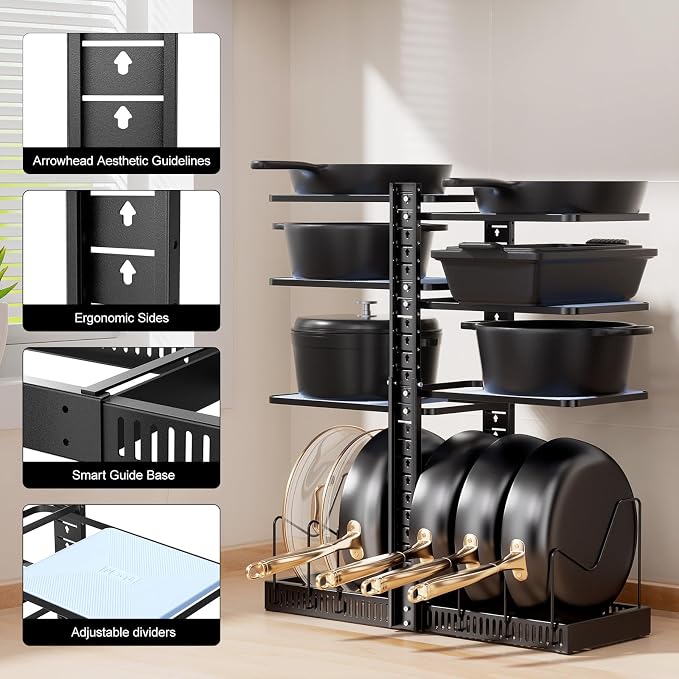 LAMU Pots and Pans Organizer under Cabinet, Adjustable Height Up to 24'', 6 Tier Pot Organizer Rack with 6 Horizontal Dividers, Adjustable Pot and Pan Organizer for Kitchen Storage, Black - Image 6
