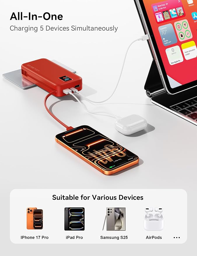 Portable Charger 20000mAh 22.5W w/Built-in Cable & Wall Plug Red | High capacity, Fast charging, Built-in cables & wall plug, LED display, Charge 5 devices at once, Pass through, TSA approved - Image 7