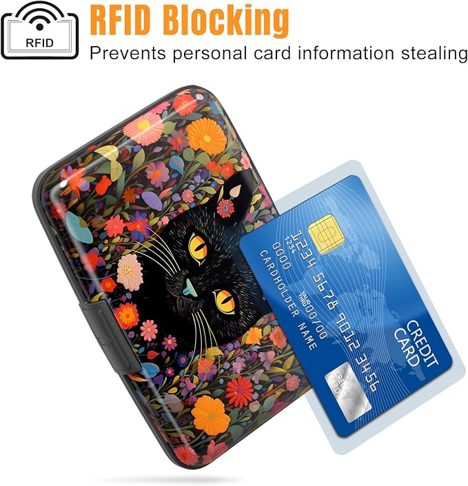 Rimilak Aluminuml Credit Card Holder,Flowers Cat | Mini Credit Card Wallet RFID Blocking Slim Metal Hard Case for Women Men - Image 2