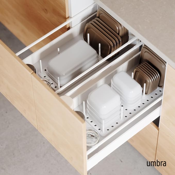 Peggy Kitchen Drawer Cupboard Organizer Tray - Adjustable Storage System For Food Containers, Cookware, Serveware, Utensils and More, White | Non-slip feet, fits cabinets or shelves, quick assembly, 32 pegs included, impact-resistant plastic - Image 2