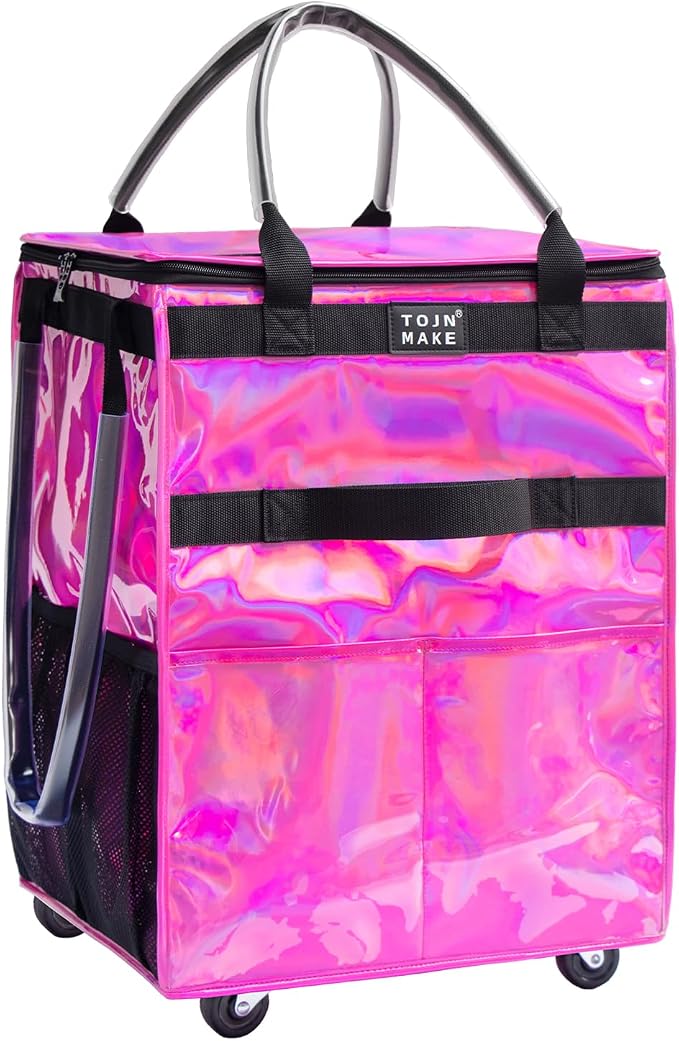 Reusable Grocery Bag On Wheels (Medium, Glitter Pink), Shopping Trolley, Rolling Tote with 8 Pockets and Zipper Cover, Foldable, Heavy Duty Handles, Carries Up to 66 LBS by TOJNMAKE