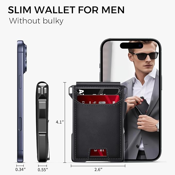 RUNBOX Wallet for Men, Mens Minimalist Wallet Holds 14 Cards, Compact Pop Up Wallet with Dual ID Windows & Money Clip, RFID Blocking Flip Up Card Holder, Metal Aluminum Credit Card Case Bifold Wallet - Image 7