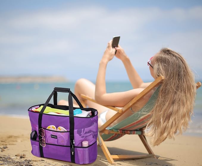 KABAQOO Mesh Beach Bag, Extra Large Beach Bags with 9 Pockets & Zipper Waterproof Lightweight Beach Tote for Beach/Pool Trip - Image 2