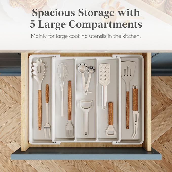 Lifewit Utensil Organizer for Kitchen Drawers, Expandable Utensil Tray | Adjustable Cooking Cutlery Silverware Flatware Holder, Plastic Spatula Tools Storage Divider, 11-18 x 14", White - Image 3