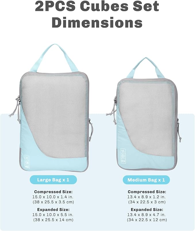 6 Set/ 4 Set/ 2 Set Compression Packing Cubes Travel Essentials Lightweight Nylon Luggage Suitcase Organizer Bag Light Blue 2PCS - Image 2