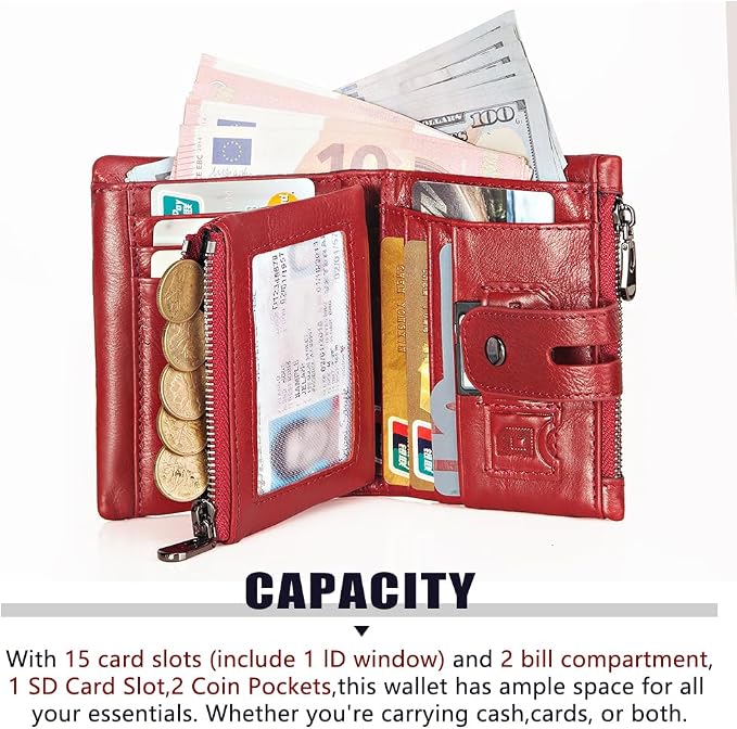 Anti-Theft Mens Wallet with Chain Genuine Leather ID Window Purse with RFID Blocking Bifold Double Zipper Coin Pocket with Gift Box - Image 4