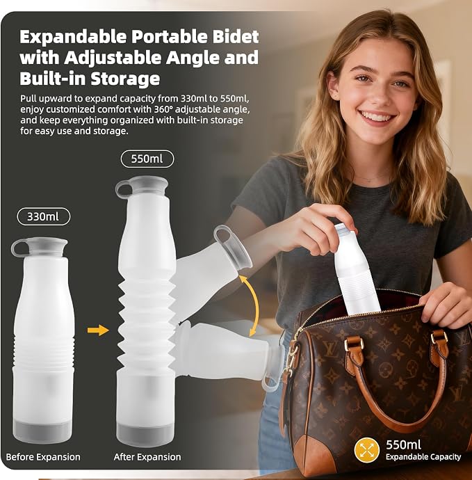 Hibbent 2 Pack Portable Bidet for Travel, High Pressure Electric Handheld Bidet Sprayer, 350-550ML Expandable Bottle for Personal Hygiene, USB-C Rechargeable Waterproof Sprayer for Women & Men, White - Image 2