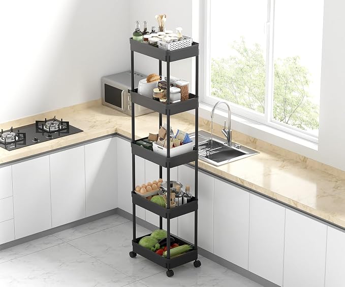 Sooyee 5-Tier Plastic Rolling Utility Cart with Wheels, Multi-Functional Storage Trolley for Office, Living Room, Kitchen, Movable Storage Organizer, Black - Image 3