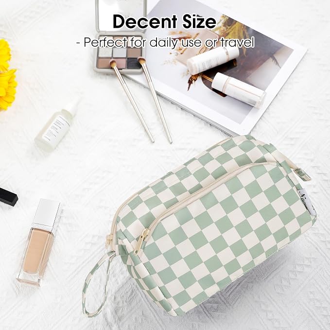 Narwey Makeup Bag Women Girls, Travel Toiletry Bag for Women Cosmetic Bag Organizer Make up Bag with Compartments Toiletries Medicine Bag (Mint Green Checkerboard) - Image 7