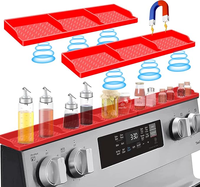Stove Top for Shelf Silicone,30 Inch Magnetic Over the Stove Spice Rack of Shelf,Kitchen Shelf for Stove Organizer Magnet Above Stovetop Flat Back of Stove Storage Suctioned Shelf for The Stove-Red by Hydream