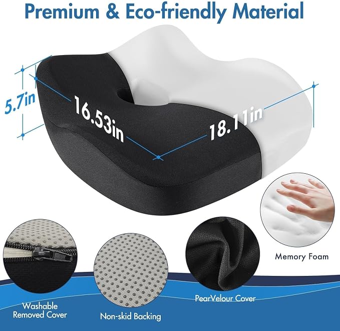 Car Seat Cushion, Ergonomic Memory Foam Car Seat Pad for Sciatica Pain Relief, Larger Driving Seat Cushion for Car Short Drivers on Long Drives - Butt Cushion for Car,Truck, Office - Black - Image 2