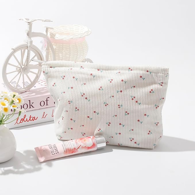 Cosmetic Bags for Women - Corduroy Cosmetic Bag Aesthetic Women Handbags Purses Smile Dots Makeup Organizer Storage Makeup Bag Girls Case Bags (Flowers-Cherry) - Image 2